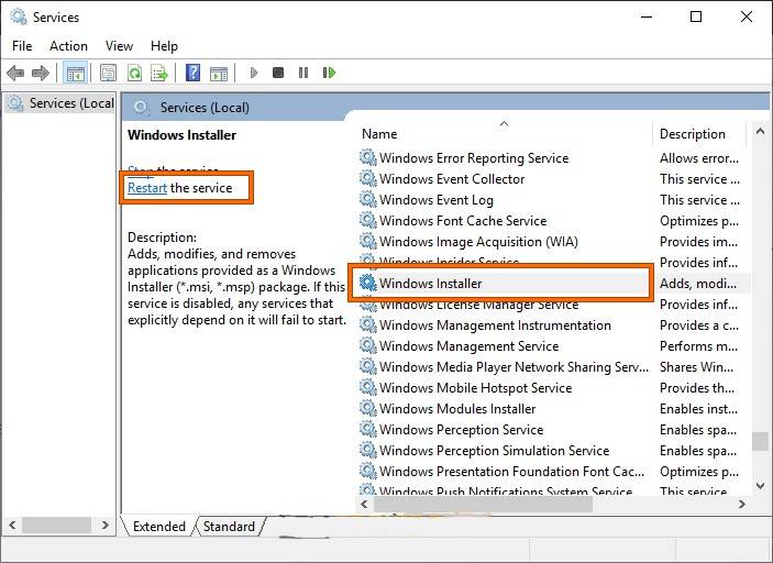 Riavvia il servizio Windows Installer