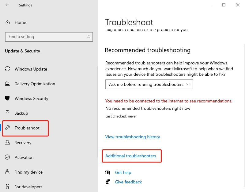click on additional troubleshooters