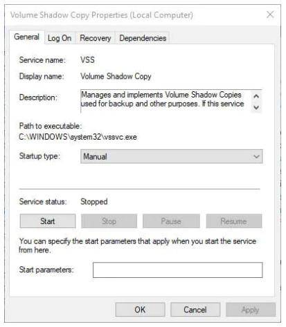 click on volume shadow copy