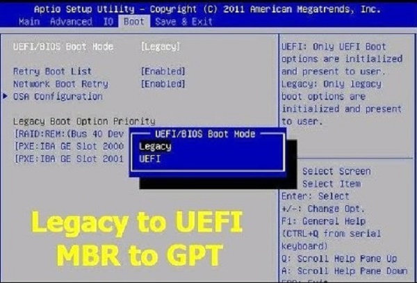 how to change legacy to uefi